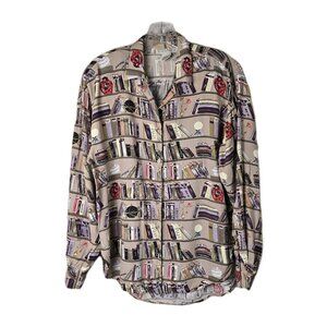 Vintage Dividends Library Book Print Rayon Blouse - Size 6 - USA - Dark Academia